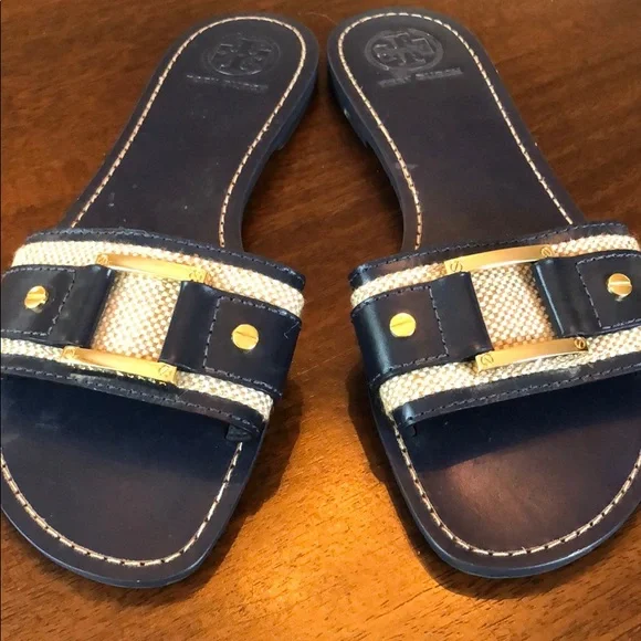 Tory Burch Navy and Gold Slide Sandals - Picture 2 of 3